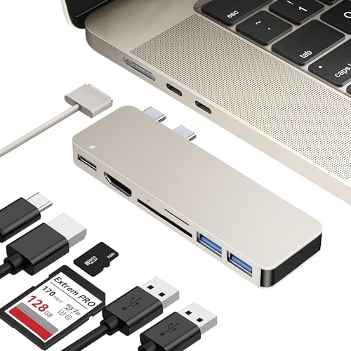 iMounts MacBook für Air/Pro - HDMI, Thunderbolt 3, SD-Lesegerät, USB-C-Hub-Adapter MacBook, M2/M3-kompatibel, Anschlussadapter für MacBook Pro, (Starlight, Polarstern) von iMounts