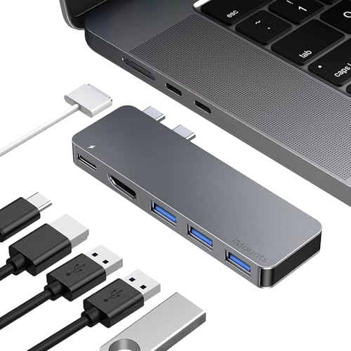 iMounts USB-C Hub für MacBook Air und Pro Silber M1/M2/M3, 3 USB 3.0 Ports, Thunderbolt 3, SD/Micro SD Reader, MagSafe Kompatibel, Aluminium - Space Gray Grau von iMounts