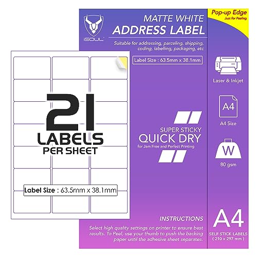 21 Etiketten pro A4-Blatt, 50 Blatt, 1050 Klebeetiketten, bedruckbares Aufkleberpapier, iSOUL matt, selbstklebend, für Adressversand, Versand, Porto, Laser- und Tintenstrahldrucker kompatibel von iSOUL