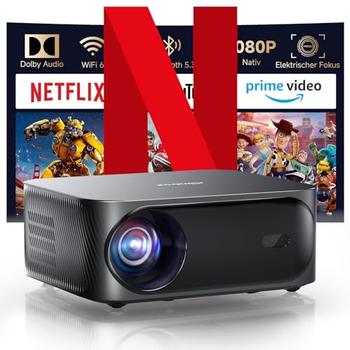 【Netflix offiziell & Dolby Audio】 Smart Beamer,25000 Lumen iSinbox WiFi6 Bluetooth tragbare Beamer,Full HD 1080P Projektor mit elektrischem Fokus und Trapezkorrektur,100%-50% Zoom Outdoor Beamer von iSinbox