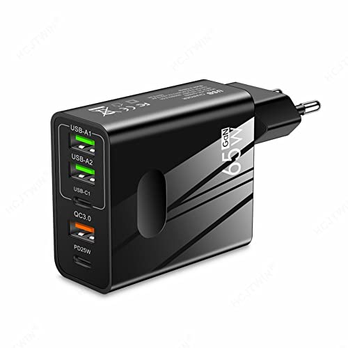 iSpchen 5-Port USB-Ladegerät Schnellladung Ladegerät Stecker 65W PD+3 USB Schnellladegerät Tragbarer Wandladegerät Steckdosen Adapter Kompatibel für Laptops 14/13/12/mini/12pro/max/SE/11/11Pro/XS/XR von iSpchen