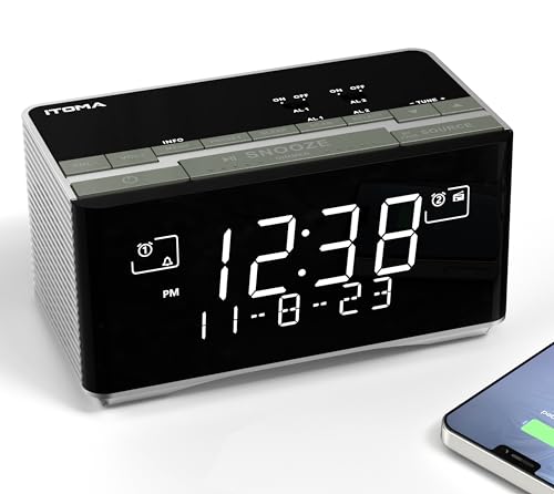 iTOMA FM/DAB Radiowecker mit USB-Ladeanschluss, Bluetooth Stereo Lautsprecher, Kopfhörerbuchse, Dual Alarm, Snooze, Dimmbare LCD-Anzeige 3501 von iTOMA
