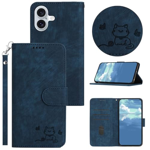 Cute Kitten Phone Leder Hülle für iPhone 16 Plus Kartensteckplatz Brieftasche Handschlaufe Druckstreifen Flip Stand 360° Schutz Blau von iTape