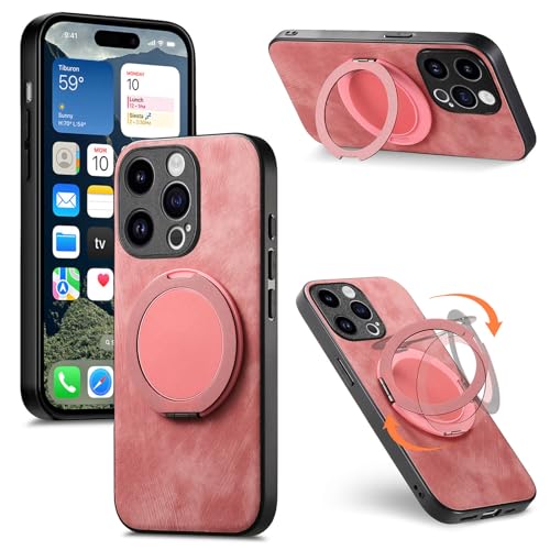 Retro Magnetische Handyhülle für iPhone 15 Pro Max, Wireless Charging Magnetic Car Mount, Round Ring 360% Rotierende Halterung Rosa von iTape