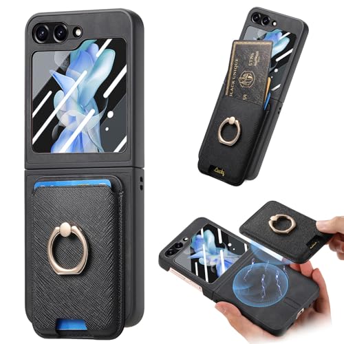 iTape Kreuz Muster Handyhülle für Samsung Galaxy Z Flip6, 2 in 1 Kartenhalter, Ringschnalle Halter Magnetische Handyhülle, unterstützt kabelloses Laden Schwarz von iTape