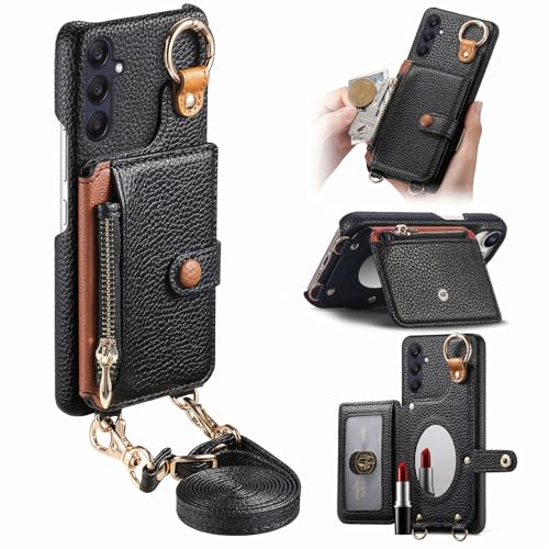 iTape Litchi Muster Handyhülle mit Schminkspiegel passend für Samsung Galaxy A56 Crossbody Handyhülle Reißverschluss Kleine Brieftasche Handyhülle Finger Ring Schnalle Schwarz von iTape