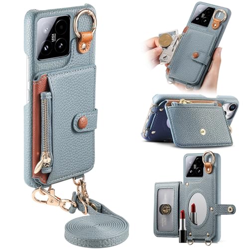 iTape Litchi Muster Handyhülle mit Schminkspiegel passend für Xiaomi 15, Crossbody Handyhülle, Reißverschluss Kleine Brieftasche Handyhülle, Fingerring Schnalle Himmelblau von iTape