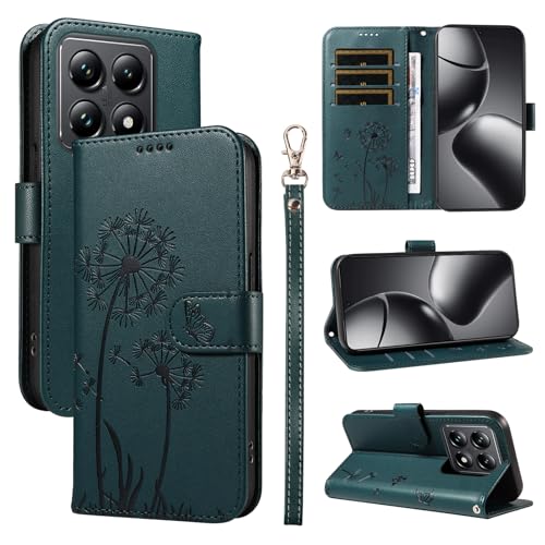 iTape Pusteblume Handyhülle für Xiaomi 14T 5G, Brieftasche Handyhülle mit Kartenfächern Geldklammer Flip Ständer Geprägte Löwenzahn Handyhülle Armband Blau von iTape