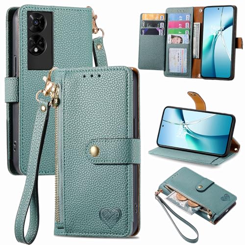 iTape Wallet Case für TCL 50 5G mit RFID Blocking Handyhülle Flip Ständer mit Fotorahmen Handgelenk Band Love Handyhülle Grün von iTape