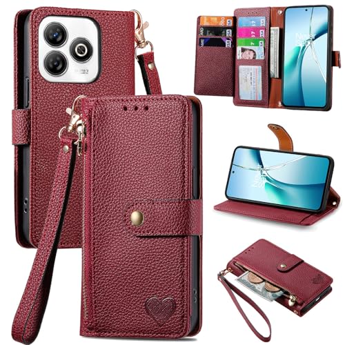 iTape Wallet Case für ZTE Blade A75 4G mit RFID Blocking Handyhülle Flip Ständer mit Fotorahmen Handgelenk Band Love Handyhülle Rot von iTape