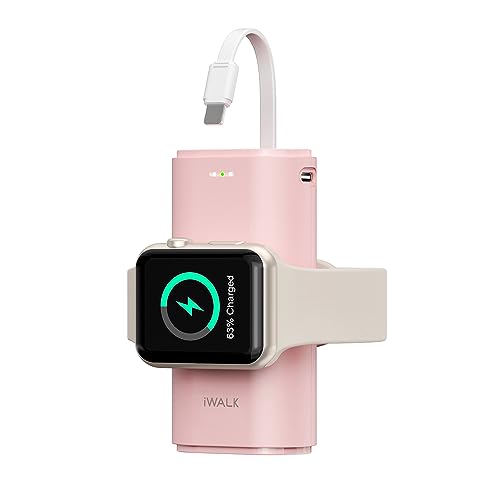 iWALK Ladestation Apple Watch, iPhone, 3 in 1 Tragbares Ladegerät, 9000mAh Powerbank mit Kabel für iPhone 14/13/12/11 Kabel, USB-C Ladeanschluss, kompatibel für iPhone 15/14/13/12/11/XS/XR/X/8,Rosa von iWALK