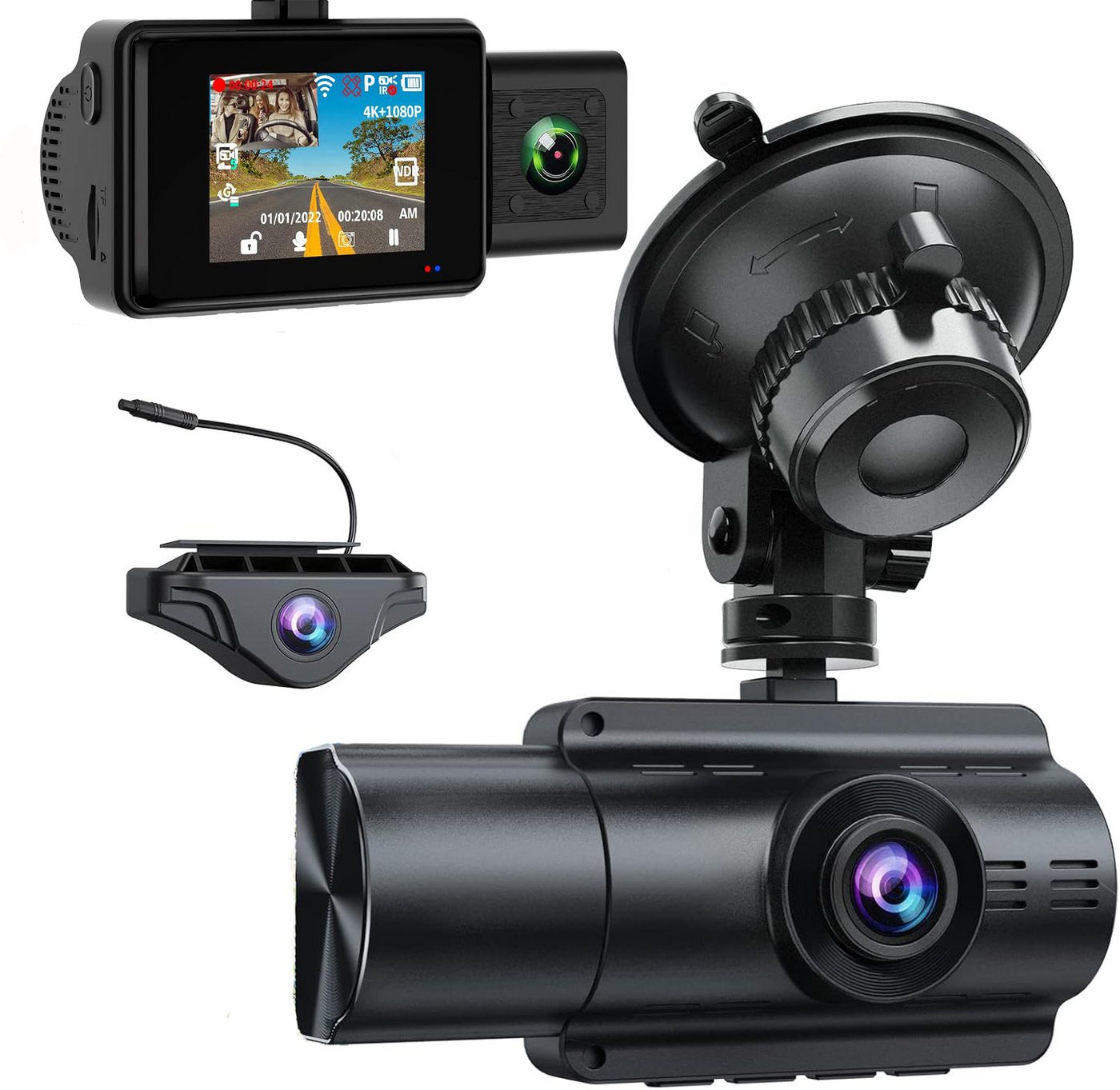 ibettertec 3 Lens 4K Dashcam Auto,4K+1080P+1080P vorne hinten innen Dashcam (2" IPS-Bildschirm,IR Nachtsicht,Parküberwachung, Bewegungserkennung, Loop-Aufnahme, 140°Weitwinkel WDR, Unterstützt 256 GB Max) von ibettertec