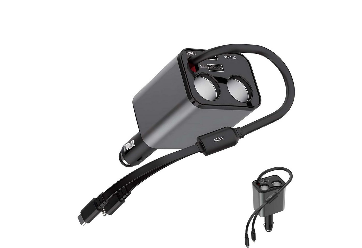 ibettertec 159W Auto Ladegerät,kfz zigarettenanzünder, 5in1 USB-Ladegeräte USB-Ladegerät (Kfz-Schnellladegerät, 5-in-1-Schnellladegeräein ziehbare Kabel und USB-Anschlüsse , Typ-C/Lightning-Kabel und USB-C/USB-A und 2 Zigarettenanzünder) von ibettertec