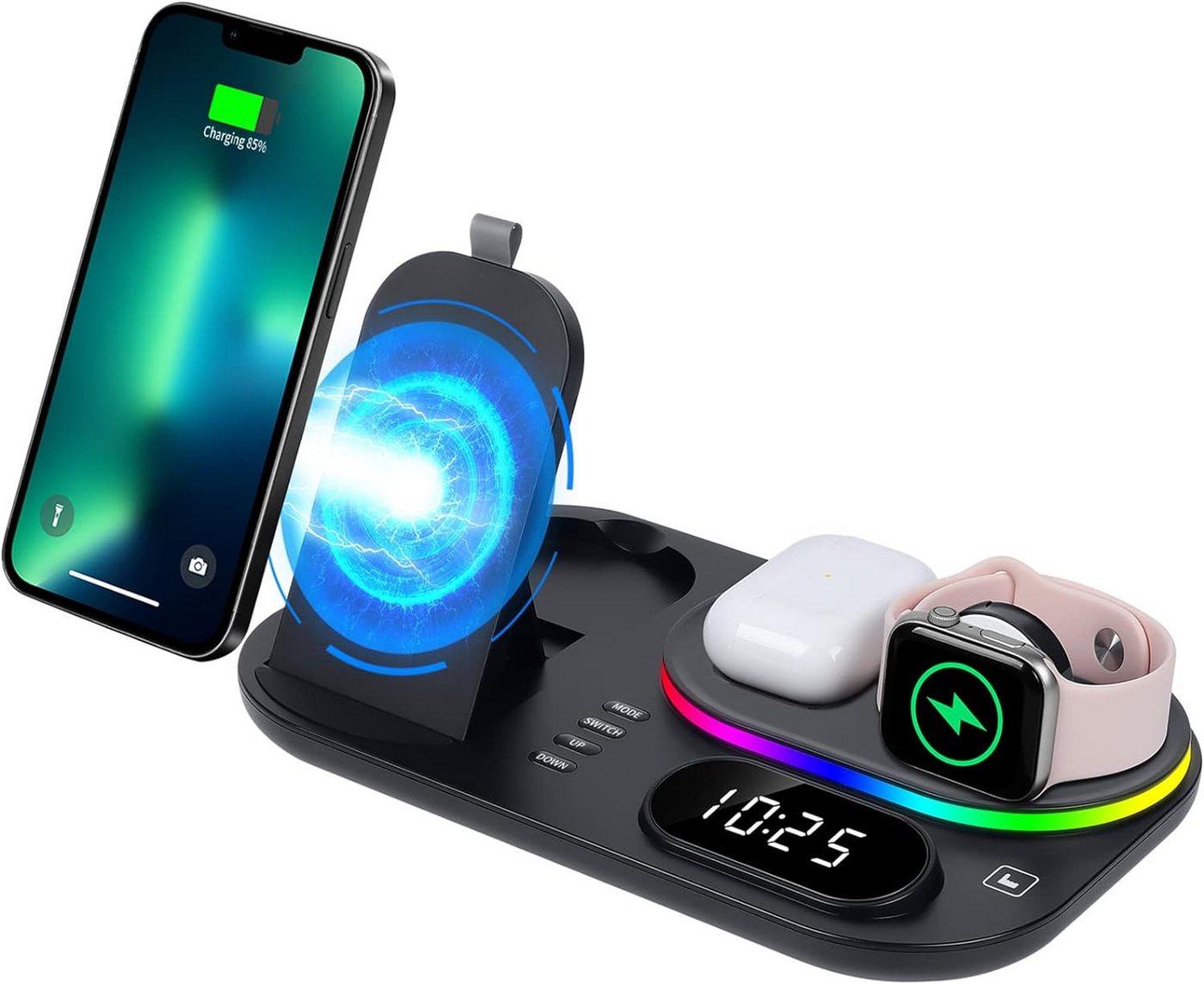 ibettertec Kabelloses Ladegerät,Fast Wireless Charger, Induktive Ladestation Induktions-Ladegerät (Kompatibel mit iPhone 16 15 14 13 12 11/Pro/Pro Max/Mini/XS/XR/8 Serie,Apple Watch Ultra/9/8/7/6/Se/5/4/3/2,AirPods Pro/4/3/2,Samsung Galaxy S24 S23 S22 S2, Heim/Reise/Büro Kabellos Schnellladegerät,Induktionsladegerät) von ibettertec