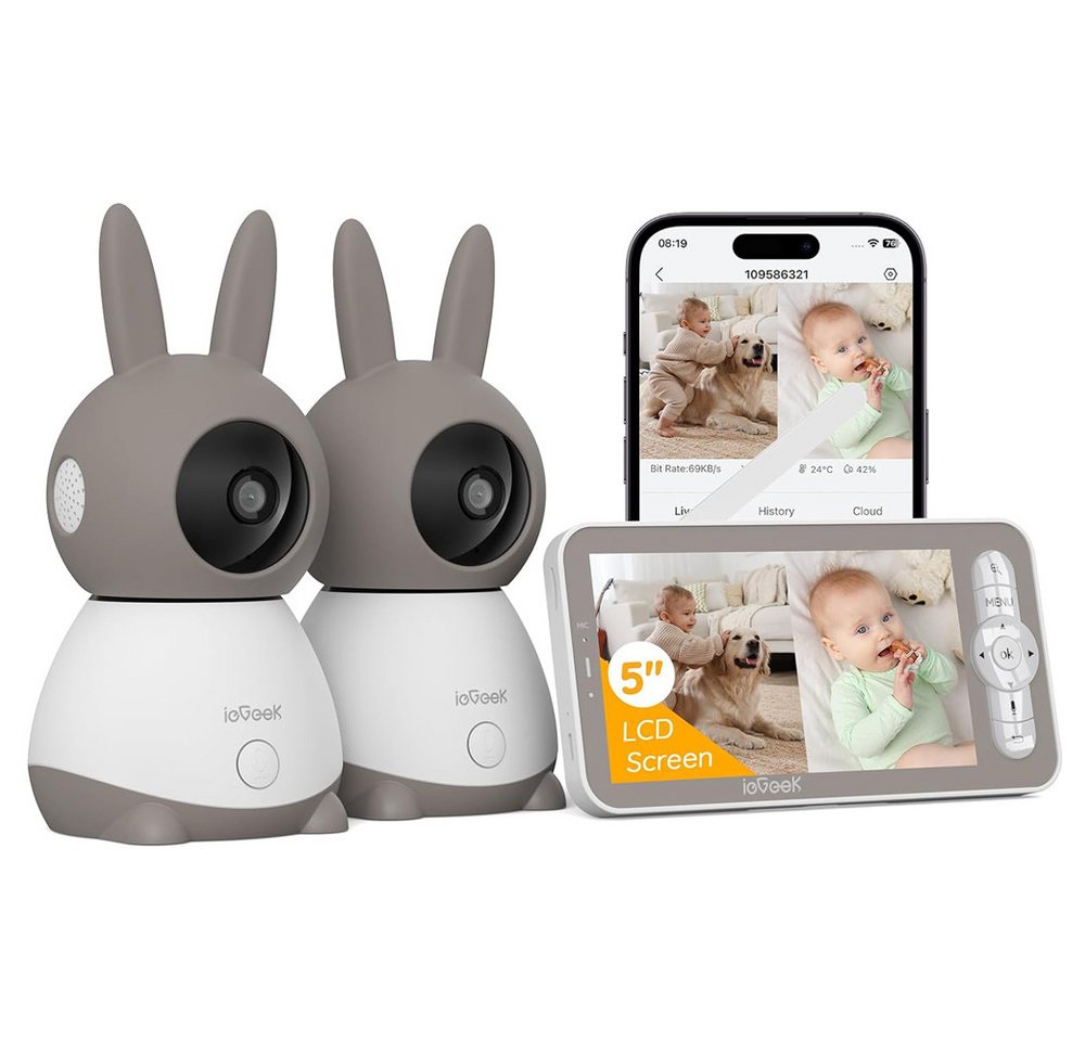 ieGeek Babyphone 2K/3MP 5 Zoll WLAN Video babyfone PTZ 355° IR-Nachtsicht, Babyphone mit 2 Kamera,Automatische Verfolgung, Weinen/Bewegungs/Geräuscherkennung, unterstützt Mobile App Steuerung,360° Auto-Tracking, Schlafmodus&Schreierkenn,Gefahrenbereichserkennung von ieGeek