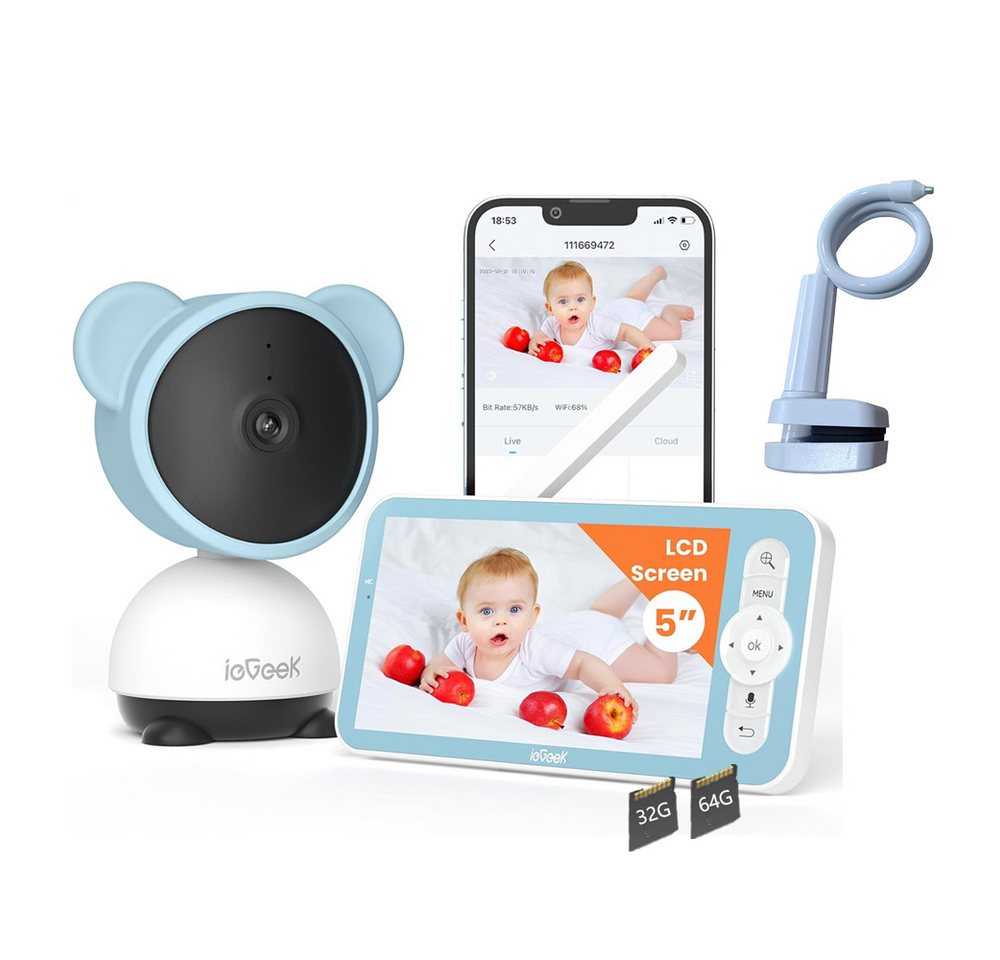 ieGeek Babyphone Babyphone mit Kamera App 5 Zoll mit Halterung mit 32&64G Karte, LCD Bildschirm Babyfon PTZ 360° View 720P HD 3×Zoom VOX-Modus, 1-tlg., Bewegungs/Geräuscherkennung Fütterungserinnerungen Wiegenlieder, Zonenalarme Reichweite bis zu 300 m von ieGeek