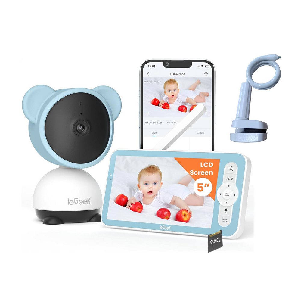 ieGeek Babyphone Babyphone mit Kamera App 5 Zoll mit Halterung mit 64G Karte, LCD Bildschirm Babyfon PTZ 360° View 720P HD 3×Zoom VOX-Modus, 1-tlg., Bewegungs/Geräuscherkennung Fütterungserinnerungen Wiegenlieder, Zonenalarme Reichweite bis zu 300 m von ieGeek