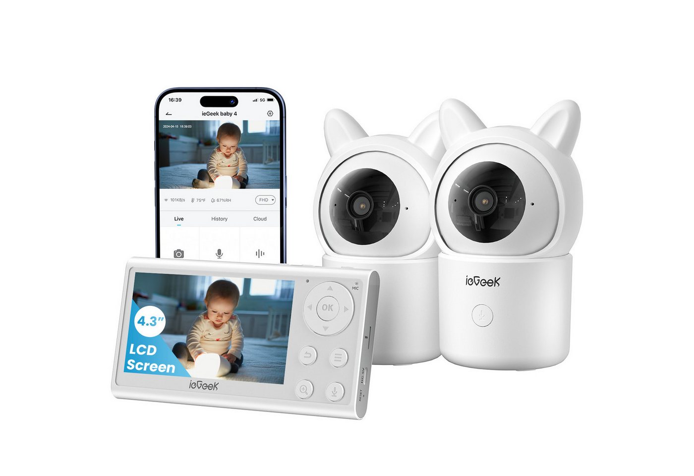 ieGeek Video-Babyphone Babyphone mit 2 Kamera [1080P, 4.3 Zoll] WLAN Video Babyfon PTZ 355°, 4×Zoom,Automatische Verfolgung, Bewegungs/Geräuscherkennung, 1-tlg., Temperaturanzeige,Mobile App Steuerung, 940-nm-IR-Automatiklichtern, Intelligente Pflege Erkennung und Alarmzone von ieGeek