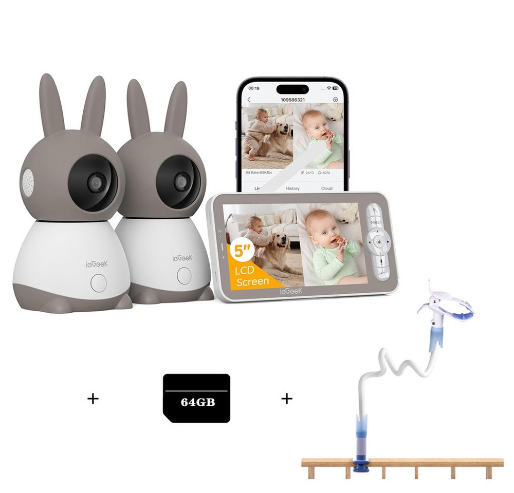 ieGeek Video-Babyphone Babyphone mit 2 Kameras App, Split-Screen, 2K/3MP Bild PTZ 355°, mit Halterung+32G TF Karte, IR-Nachtsicht, Automatische Verfolgung, Weinen/Bewegungs/Geräuscherkennung, 1-tlg., unterstützt Mobile App Steuerung,4-fache Zoomfunktion, bis zu 1000 Fuß(300m) Entfernung verbunden werden von ieGeek