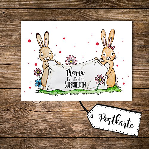 ilka parey wandtattoo-welt® A6 Postkarte zum Muttertag Ansichtskarte Flyer Print Häschenkinder mit Spruch Mama ist unsere Superheldin pk106 von ilka parey wandtattoo-welt