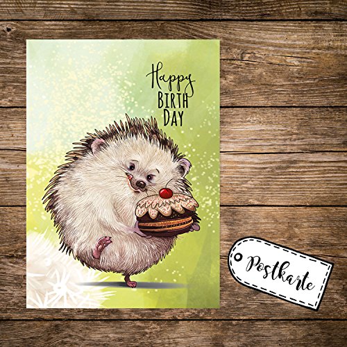 ilka parey wandtattoo-welt A6 Geburtstagskarte Postkarte Print Igel mit Kuchen & Spruch Happy Birthday pk166 von ilka parey wandtattoo-welt