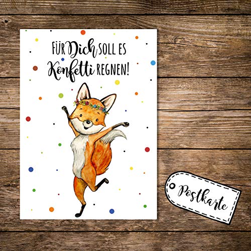 ilka parey wandtattoo-welt A6 Postkarte Print Fuchs Füchschen Spruch Für Dich soll es Konfetti regnen Karte Grußkarte Punkte pk251 - ausgewählte Größe: *10 Stück (desselben Motives)* von ilka parey wandtattoo-welt