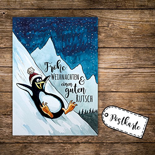 ilka parey wandtattoo-welt A6 Weihnachtskarte Postkarte Print Pinguin im Winter mit Spruch Frohe Weihnachten & einen guten Rutsch pk140 von ilka parey wandtattoo-welt