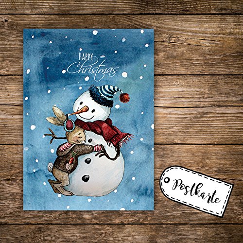 ilka parey wandtattoo-welt A6 Weihnachtskarte Postkarte Weihnachten Print Schneemann Hase & Spruch Happy Christmas pk114 von ilka parey wandtattoo-welt