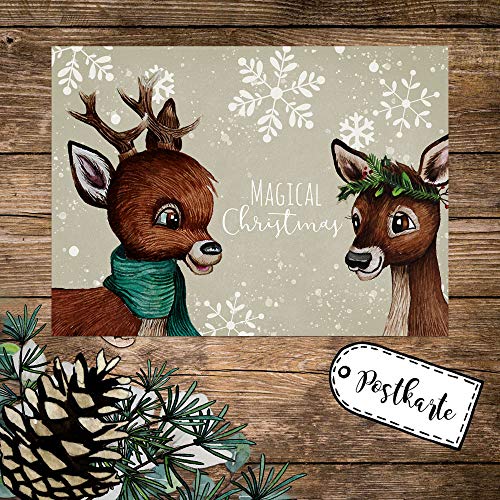 ilka parey wandtattoo-welt A6 Weihnachtskarte Weihnachtsgrüße Postkarte Print 2 Rehe Schneeflocken Grußkarte Magical Christmas Weihnachten Geschenk pk265 - ausgewählte Größe: *1 Stück* von ilka parey wandtattoo-welt