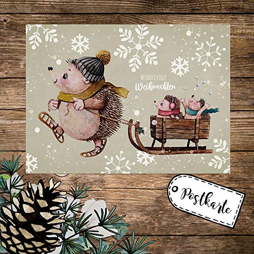 ilka parey wandtattoo-welt A6 Weihnachtskarte Weihnachtsgrüße Postkarte Print Igel Igelkinder Schlitten Grußkarte Wundervolle Weihnachten pk260 - ausgewählte Größe: *1 Stück* von ilka parey wandtattoo-welt