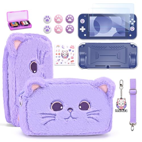 innoAura Switch Lite Hülle, 14 in 1 Switch Lite Zubehör Bundle mit niedlicher Switch Lite Tasche, Switch Lite Displayschutzfolie, Switch Spielespeicherhülle, Switch Daumenkappen (Lila Katze) von innoAura