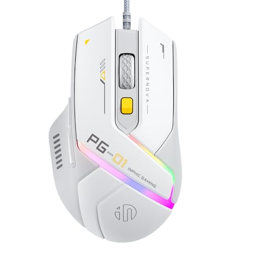 INPHIC PG1 Gaming Maus mit Kabel, 12800 DPI Hochpräzise, 6 programmierbare Tasten, atmungsaktive RGB Hintergrundbeleuchtung Ergonomische PC Maus Kabel für Computer/Mac/Laptop - Weiß von inphic