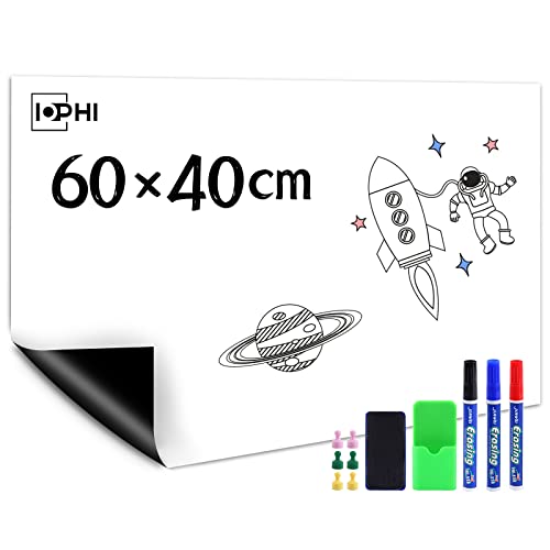 Whiteboard Magnetisch Folie 60 x 40 cm, Magnetfolie Selbstklebend Stark Abwischbare Magnet-Tafel Weiß, Inklusive Whiteboard Marker & SchwammMagnetes, Gelten Büro und Zuhause kühlschrank usw von iophi