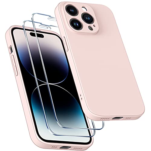 ivoler 3 in 1 Silikon Hülle für iPhone 14 Pro 6.1 Zoll mit 2 Stück Panzerfolie, Ultra Dünne Leichte Weiche Stoßfest Schutzhülle Flexible TPU Matte Handyhülle Kratzfest Case Cover - Rosa von ivoler