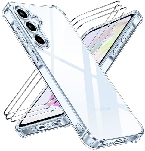 iVoler Nie Vergilbung Klar Hülle für Samsung Galaxy A35 5G mit Stoßfest Schutzecken, 1 Handyhülle mit 3 Stück Panzer Schutz Glas, [Militärischer Schutz] Transparent Schutzhülle Dünn Durchsichtige Case von ivoler