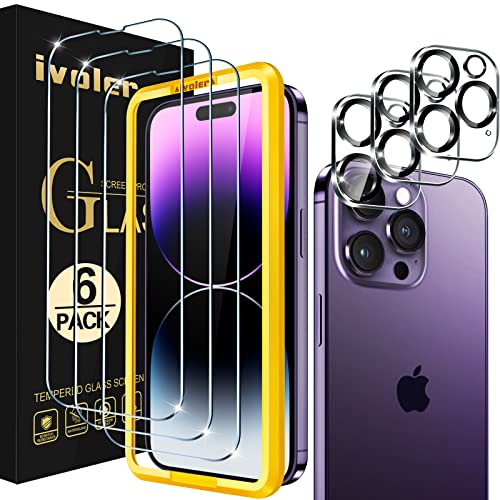 ivoler 3+3 Stück Schutz Glas Kompatibel für iPhone 14 Pro Max 6.7 Zoll, 3 Stücke Schutzfolie Mit 3 Stück Kameraschutz und Positionierhilfe, 9H Härte, HD Klar, Anti-Kratz, Anti-Bläschen von ivoler