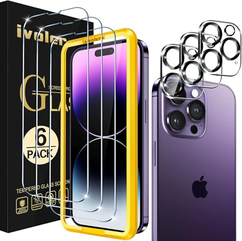 ivoler 3+3 Stück Schutz Glas Kompatibel für iPhone 14 Pro Max 6.7 Zoll, 3 Stücke Schutzfolie Mit 3 Stück Kameraschutz und Positionierhilfe, 9H Härte, HD Klar, Anti-Kratz, Anti-Bläschen von ivoler