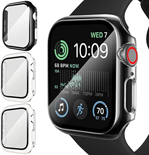 ivoler 3 Stück Hard PC Hülle mit Glas Displayschutz für Apple Watch 44mm SE 2 / SE Series 6 5 4, Vollständige Abdeckung Schutzhülle Ultradünne Kratzfest Schutz iWatch Case, 2 Transparent + 1 Schwarz von ivoler