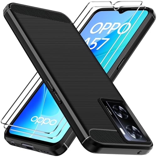 ivoler Hülle für Oppo A77 5G / Realme Narzo 50 5G / A57 4G / A57s / A77s / A77 4G mit 2 Panzerfolie, Schwarz Stylisch Karbon Design Anti-Kratzer Handyhülle Stoßfest Schutzhülle Cover TPU Silikon von ivoler