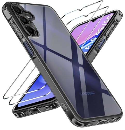 ivoler Nie Vergilbung Klar Hülle für Samsung Galaxy A15 4G / A15 5G, 1 Handyhülle mit 2 Stück Panzer Schutz Glas, Militärischer Stoßfest Transparent Schutzhülle Dünn Durchsichtige Case (Schwarz) von ivoler