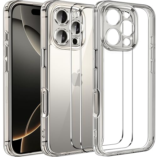 ivoler Nie Vergilbung Klar Hülle für iPhone 16 Pro, 1 Handyhülle mit 2 Stück Panzer Schutz Glas und Positionierhilfe, [Militärischer Schutz] Stoßfest Transparent Schutzhülle Dünn Case- TITANE von ivoler