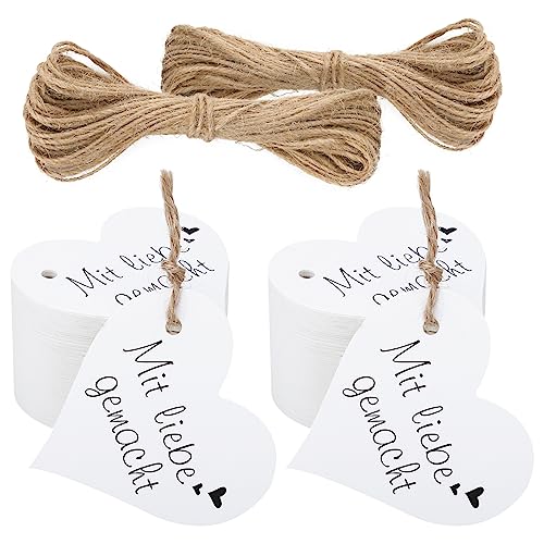 jijAcraft 100 Stück Herz Geschenkanhänger Mit Liebe Gemacht, 6 CM Hochzeit Anhänger Weiß Kraftpapier Etiketten mit 20M Juteschnur, für Valentinstag Weihnachten Geschenkverpackung von jijAcraft