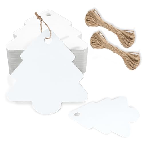 jijAcraft Geschenkanhänger Weihnachten, Anhänger Weihnachtsbaum Kraftpapier Etiketten, 100 Stück Weihnachtsbaum Anhänger mit Jute Schnur, für Adventskalender, Weihnachtsgeschenke Dekoration (Weiß) von jijAcraft