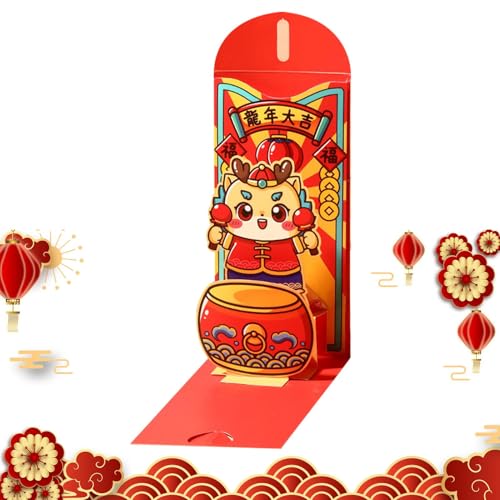 jopiuieo Chinesischer Geldumschlag, roter Umschlag für chinesisches Neujahr, 3D-Geldumschlag, rotes Paket für Frühlingsfest, Hochzeit, Jahr des Drachen 2024, roter Umschlag, 9,9 x 20,1 cm von jopiuieo