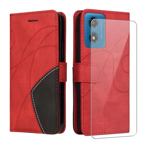 jrester Handyhülle hülle für Motorola Moto E14 / G24 / G04 Hülle -PU Leder-Handyhülle Schutzhülle mit 1 Stück Gehärtetes Glas Schutzfolie Displayschutzfolie - Rot von jrester