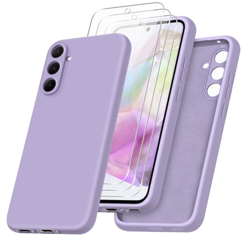 jrester Hülle kompatibel mit Samsung Galaxy A35 5G, Lila Weich Flüssigkeit Silikon Handyhülle Schutzhülle mit DREI Gehärtetes Glas Schutzfolie Displayschutzfolie für Samsung Galaxy A35 5G 6.6" von jrester