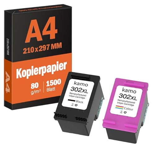 kamo 302 XL Druckerpatronen (2er-Pack) + 1500 Blatt Kopierpapier A4 (210 x 297 mm), 80 g/m² für Tintenstrahldrucker von kamo