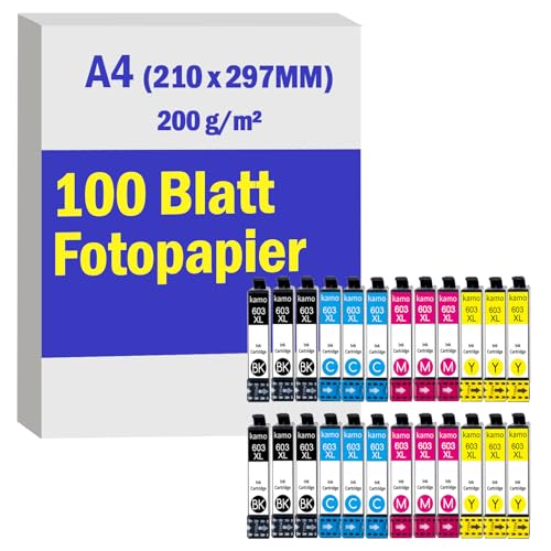 kamo Value Pack 603 XL Druckerpatronen (24er-Pack) + 100 Blatt Blatt Fotopapier A4 (210 x 297 mm), 200 g/m² für Tintenstrahldrucker von kamo