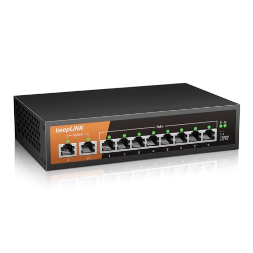 keepLiNK PoE Switch 10-Port Gigabit LAN Switch mit 8 PoE+ Ports, 2 1000Mbps Uplink Ports, 120w Built-in Power Supply, IEEE-802.3af/at PoE, Lüfterlos, Plug-and-Play, Robustes Metallgehäuse von keepLiNK