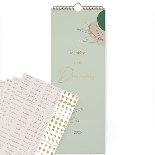 KIND OF HAZEL® Wandkalender 2025 "Manifest your Dreams" Khaki + Sticker Set I Familienkalender 2025 3 Spalten mit Goldfolienprägung I Kalender Familienplaner 2025 | Kalender 2025 Familien Organizer von kind of hazel